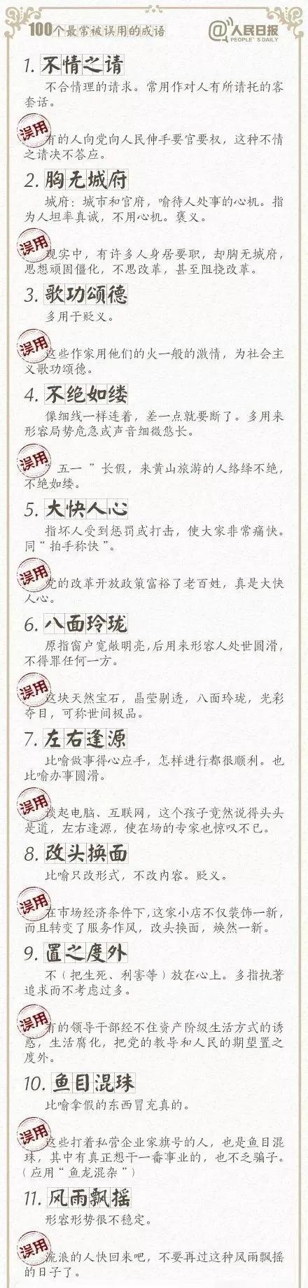 人民日报总结了100个常被误用的成语，给孩子看看别再用错了
