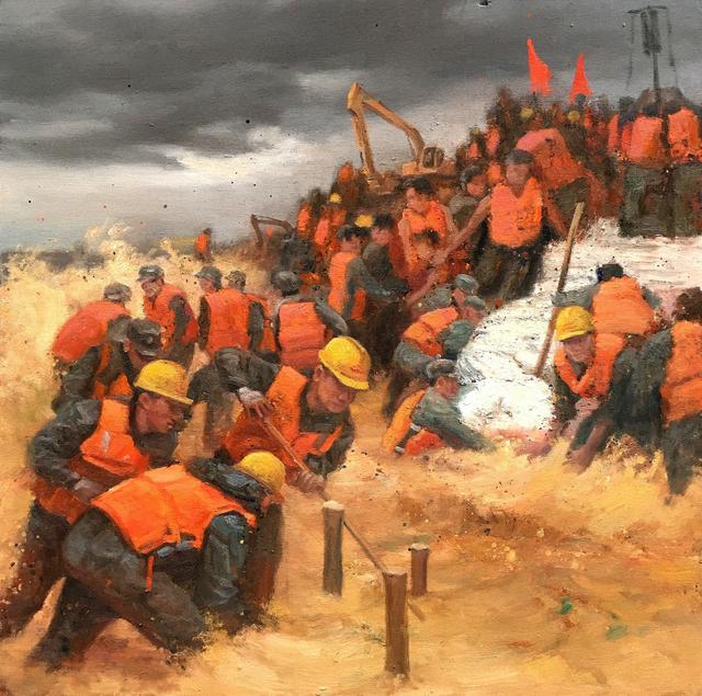 团结奋战抗洪灾携手同心见真情一大路画家抗洪救灾主题美术作品选
