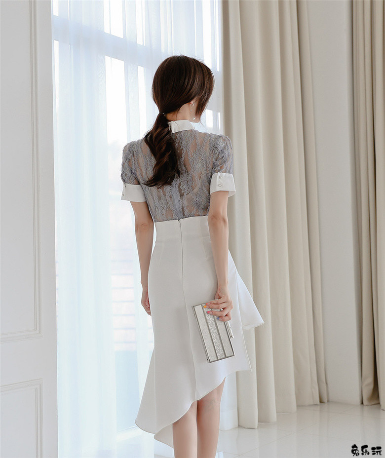 孙允珠：灰黛青丝苔纹翻领不规则长裙