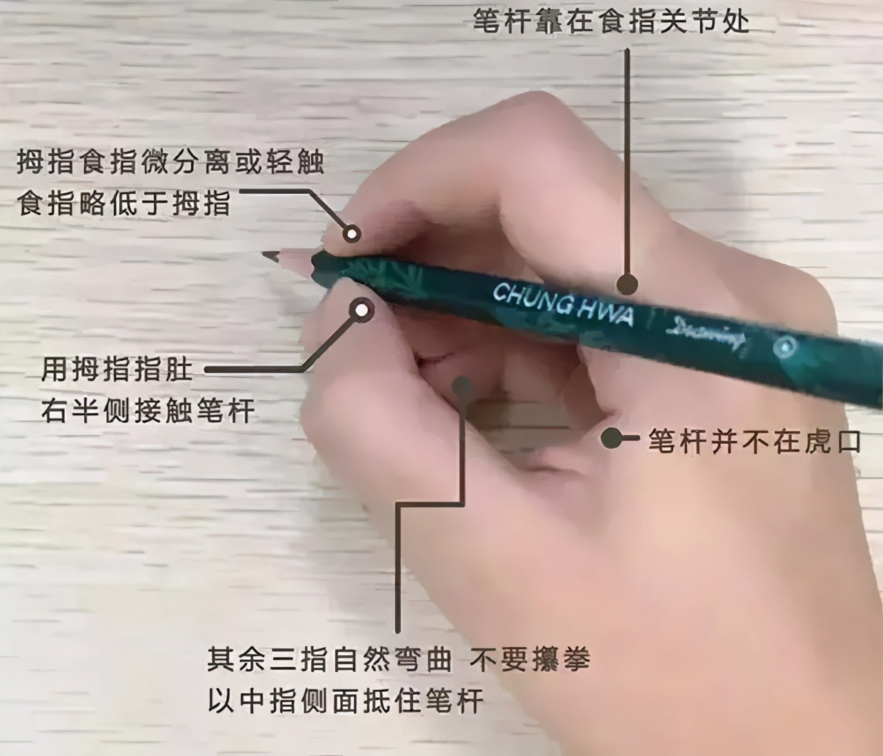 正确的执笔方法为三指执笔法(如图):右手的大拇指,食指,中指各有分工