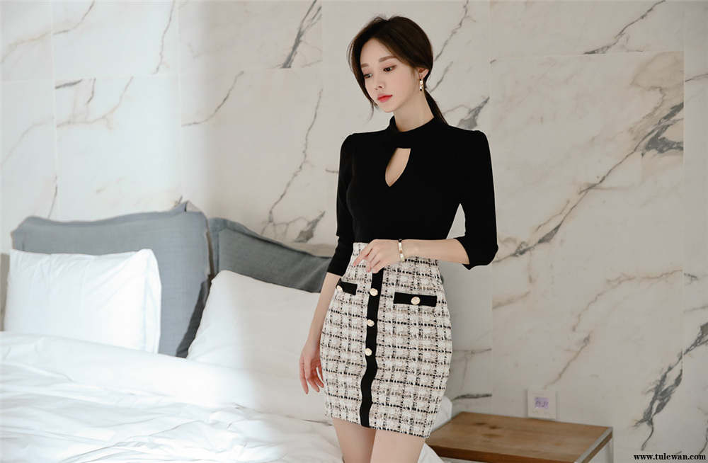 孙允珠丨亮黑镂空烁色钻石水滴拼搭裙