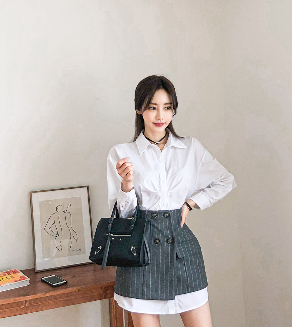 孙允珠丨小资轻熟泛灰职场英伦竖纹裙