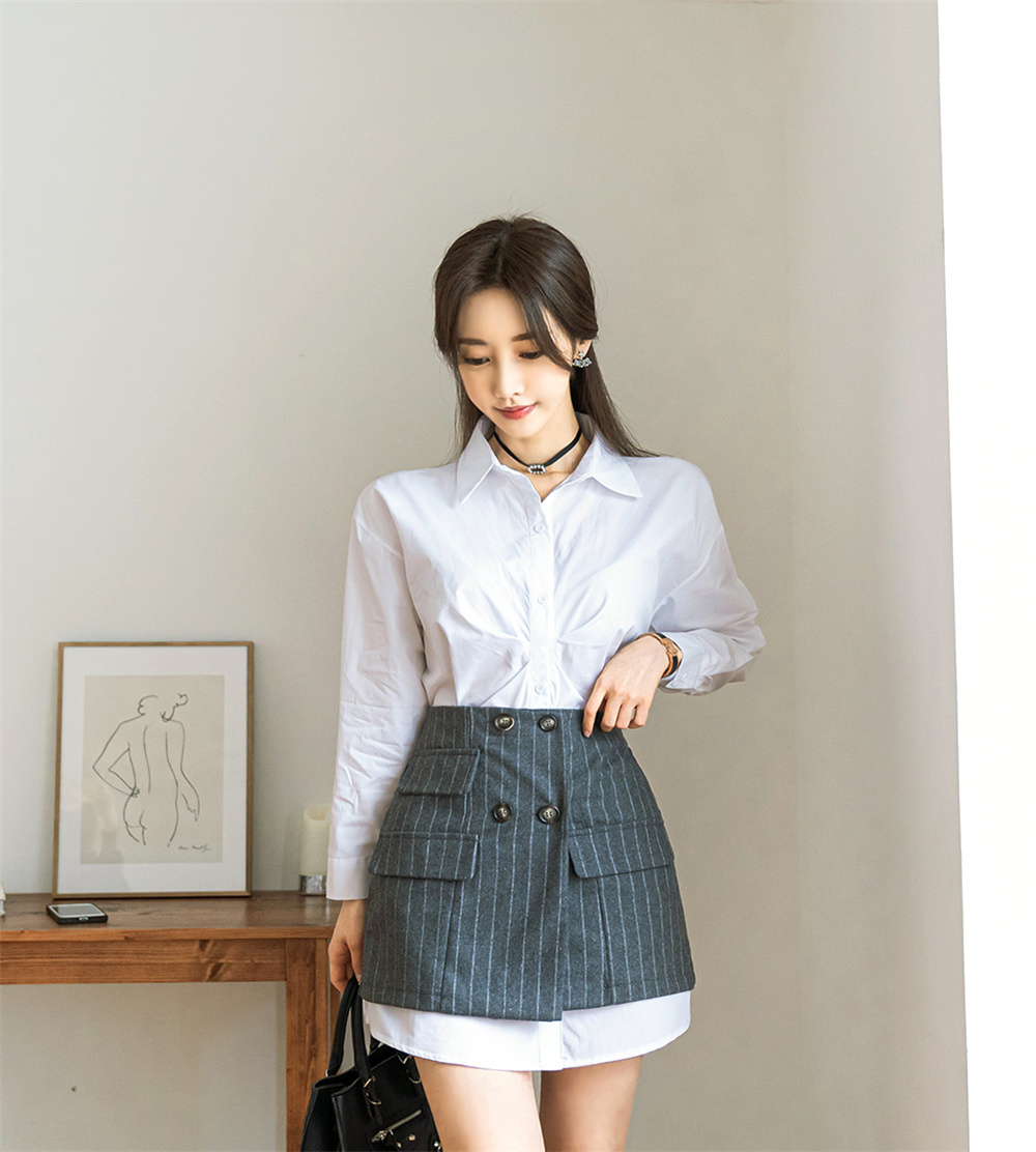 孙允珠丨小资轻熟泛灰职场英伦竖纹裙