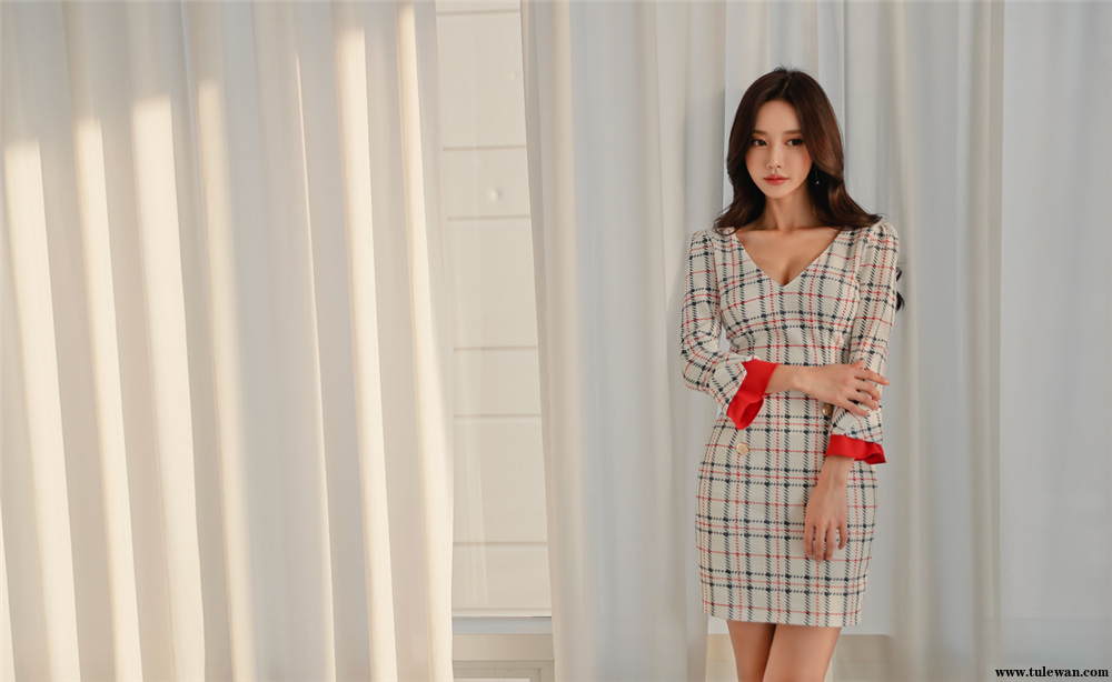 孙允珠丨蓝红勾线麻纹轻熟商务包臀裙